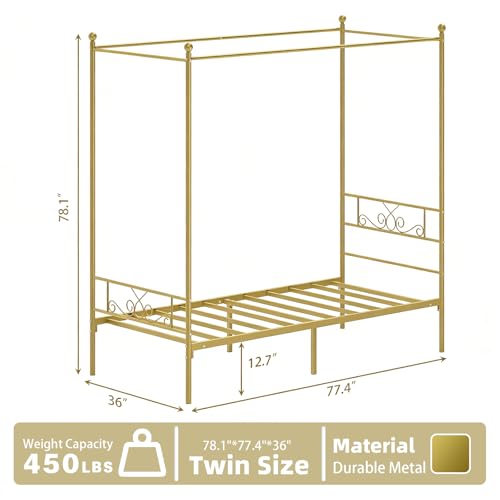 Weehom Twin Canopy Bed Frame with Headboard and Footboard, 4 Posters Metal Bed Frame, No Box Spring Needed, Mattress Foundation Platform Bed for Kids