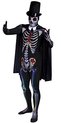 DAY OF THE DEAD COSTUME SUGAR SKULL SKELETON SKIN SUIT HALLOWEEN FANCY DRESS COSTUME FOR MEN - EXTRA TALL DELUXE BLACK FELT STOVEPIPE TOPHAT + WHITE SATIN BOWTIE + BLACK CAPE BY ILOVEFANCYDRESS® DIA DE LOS MUERTOS MEXICAN SPANISH SENOR (SMALL/MEDIUM)