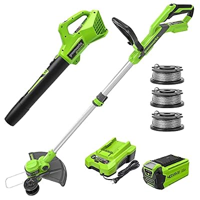 Greenworks 40V Cordless Yard Tool Combo Kit with 2.0Ah Battery & Charger – 13" Auto Feed String Trimmer and 350 CFM Leaf Blower, Includes 3 Bonus Spools