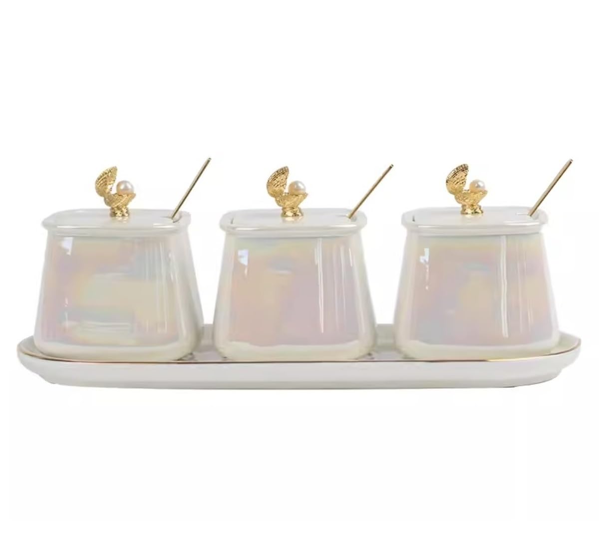 Pojemnik na przyprawy, ceramiczny zestaw pojemników z pokrywką, łyżeczką i tacką, pudełek, pojemnik do kuchni domowej(White(3pcs))