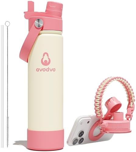 Insulated Water Bottle with Strap, 20 oz Water Bottle with Magnetic Lid & 2-in-1 Straw and Spout Lid, Stainless Steel Water Bottles with Straw for Gym, Hiking, Travel, BPA-Free, Light Pink
