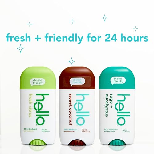 hello Deodorant Variety Pack (Sweet Coconut, Fresh Citrus, White Sage) for Women + Men, Aluminum Free, Baking Soda Free, Parabens Free, 24 Hour Odor Protection, 2.6 Ounce, 3 Pack