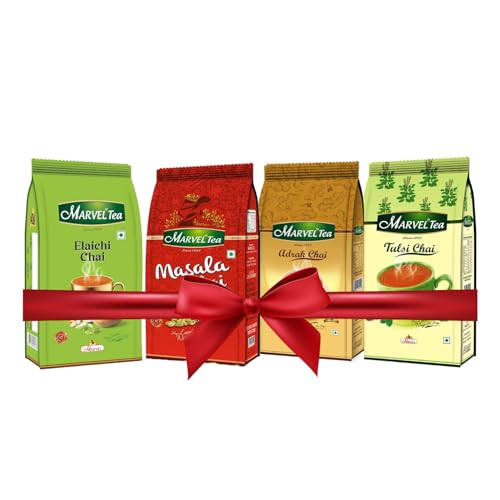 Image of Marvel Tea Gift Pack Combo of 4 Flavour (Elaichi, Masala, Adrak & Tulsi Tea Packs - 250g Each Loose Tea) Strong, Kadak CTC, Handpicked Chai from Assam & Darjeeling, Refreshing & Rich Taste