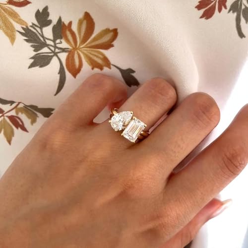 4 CT Yellow Gold Toi Et Moi Engagement Ring | Pear and Emerald Cut Moissanite | Vintage Two-Stone Ring | Unique Bridal Jewelry3