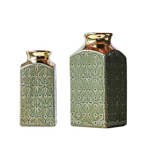Lizofer Modern Ceramic Vase Set Of 2 For Living Room Bedroom 9.3'' And 7.9'' Flower Vases For Home Decor Office Centerpieces Vintage Antique Green Gold Farmhouse Rustic Minimalist Gift For Fake Plant thumb #3