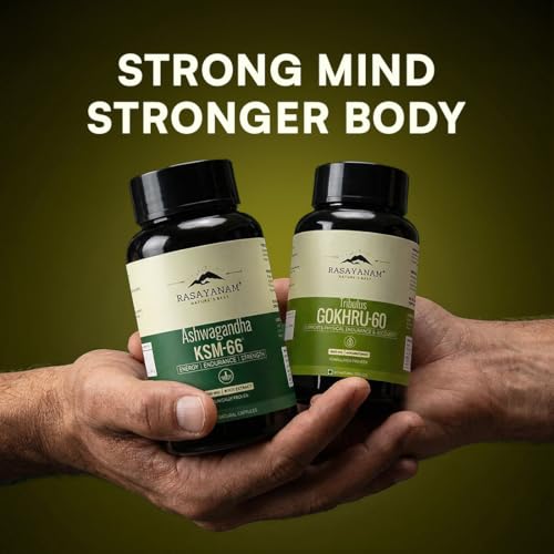 Image of Rasayanam Ashwagandha KSM-66 (500 mg) and Tribulas Gokhru - 60 Gokshura Tablets 1000mg PACK OF 2 | Extra Strength Natural Formulation | Support Strength & Energy | For Both Men & Women