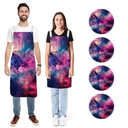 Tablier de cuisine en lin réglable lot de 2 avec poches motif espace
