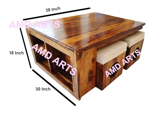 Image of Furniture Solid Sheesham Wood Coffee Table with 4 Stools | Sheesham Wood Coffee Table for Living Room (Natural Finish, Coffee Table)