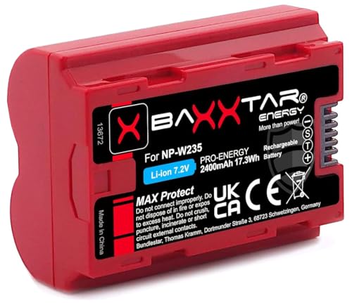 Baxxtar Batterie NP-W235 V1 MaxProtect V1 (2400mAh) avec capteur NTC Actif et boîtier V1 - Compatible avec Fuji Fujifilm GFX50s II GFX-100S GFX-100 II X-H2 X-H2S X-S20 X-T4 X-T5