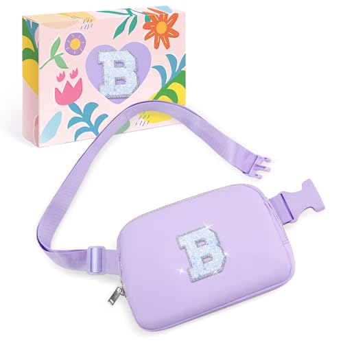 Image of COSHAYSOO Lavender Belt Bag Crossbody Initial Fanny Waist Pack Small Teen Girl Gifts Trendy Stuff for Her Friends 7 8 9 10 11 12 13 Year Old Birthday Anniversary Easter Gifts Preppy Letter B