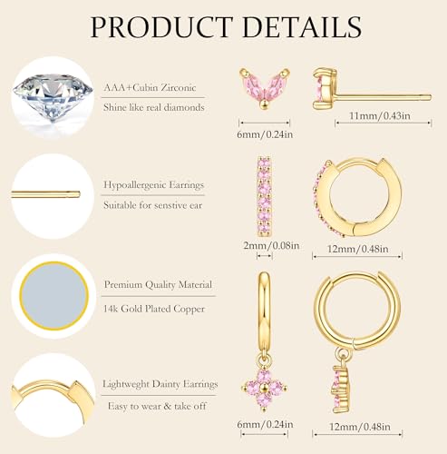 MOZAKA 3 Pairs Dainty Gold/Silver Three Hole Birthstone Earrings Set for Multiple Piercing Non Tarnish 14k Gold Plated Hypoallergenic Cartilage Small Hoop Stud Earrings Stacks Set for Women Birthday Gifts4