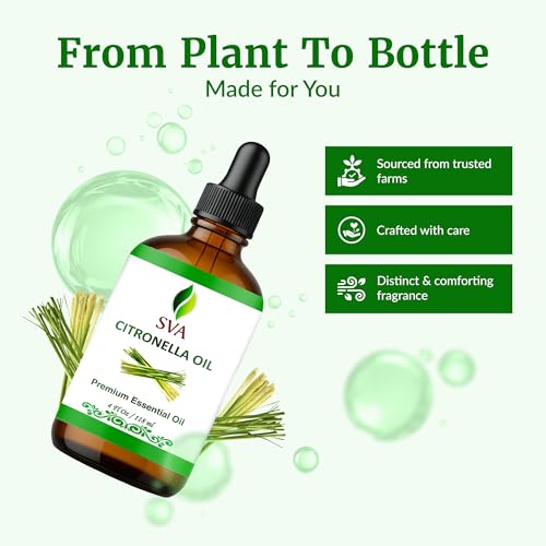 Image of SVA Citronella Essential Oil 4 Fl Oz - for Diffuser, Skin & Hair Care - Ideal for Massage & DIY Blends - with Dropper