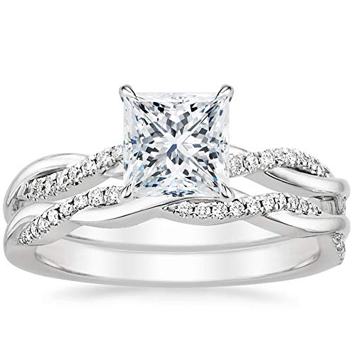 Blocaci Princess Cut Wedding Ring Sets for Women Bridal Sets Engagement Ring Set, 1-1/2 Carat(ctw) Moissanite Twisting Infinity Pave Set 925 Sterling Silver 10K 14K 18K Gold Free Engraving (Style 1)