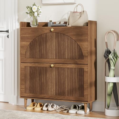 Image of Shoe Storage Cabinet with 2 Flip Drawers, Shoe Organizer Storage with Adjustable Shelves, Freestanding Hidden Slim Narrow Shoe Rack Cabinet for Entryway, Foyer, Hallway, Living Room (Walnut)