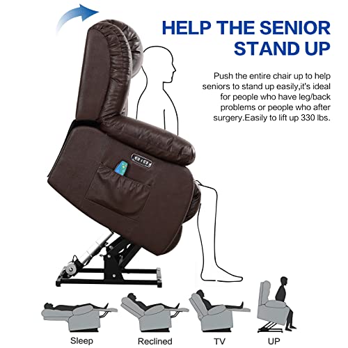 Maevis Large Genuine Leather Lift Recliner Chairs With Dual Okin Motor Lay Flat Sleeping For Elderly,With Heat And Massage,Overstuffed Wide Recliners For Living Room,Usb Ports (Brown) #TOP6