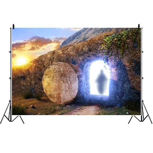 Laeacco Easter Stone Tomb Backdrop 10x8ft Resurrection of Jesus Easter Photo Backdrop Sunset Scenery Holy Light Church Event Decoration Vinyl Backdrop