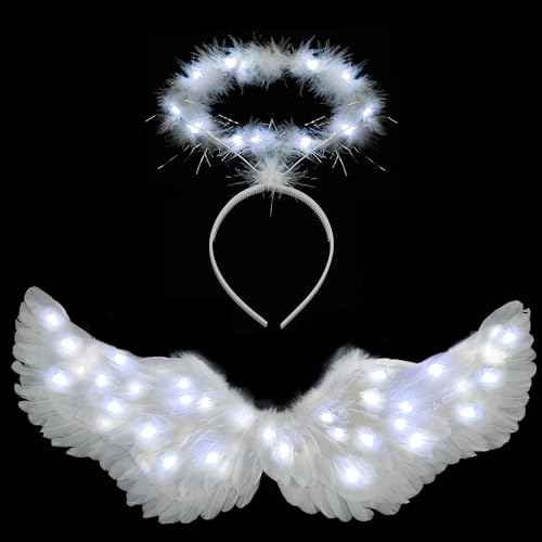 Ptesuply Engelsflügel, beleuchtete Engelsflügel und Heiligenschein mit LED-Lichtern – 3 Leuchtmodi, weißer Engel, Halloween, Kostüm,...
