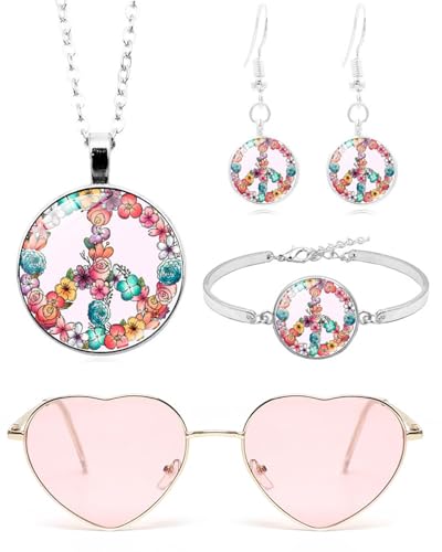 CULEB Lot de 4 Ensemble Accessoires Hippies,Vêtements Accessoires Hippies pour Femmes des Années 60 et 70,Paix Collier Boucles D'Oreilles Bracelet,Lunettes...