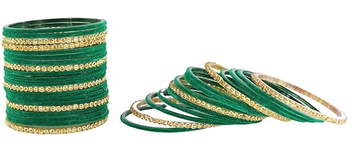Image of NMII Premium Glass & Golden Beads Velvet Bangle Set For Women and Girls | Velvet Chudi | Traditional Chudi Set | Designer Girl's Bangles Bracelet | Wedding, Party, Festive, Daily- Set of 34