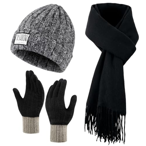 Women Winter Hat Beanie+Long Scarf+Touch Screen Gloves Set, Warm Clothes Set with Knit Fleece Lined for Women/Men Winter