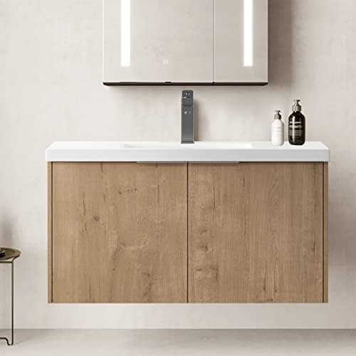 SSLine Wall Mounted Bathroom Vanity with Sink Combo Modern 36-Inch Single Bathroom Vanity Set with Top Basin & Storage Cabinet Wood Hanging Bath Cabinet w/Resin Sink for Apartment Dorm (36"-Brown)