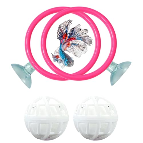 Image of Betta Ring Enrichment Toys with Filter Ball set, Turtle Water Cleaner Ball, Aquarium Feeding Ring with Nitrifying Balls, Betta Fish Toy, Aquatic Turtle Enrichment Toy, Tortoise Supplies (Pink, M-70mm)