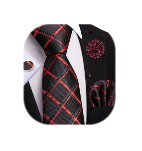 Image of Dubulle Mens Black Red Checks Tie and Lapel Pin Striped Floral Necktie for Men Pocket Square Cufflinks Wedding Party