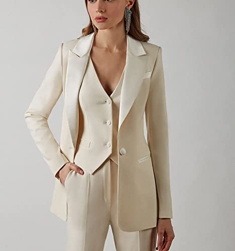 Women's Business Suit Set Office Lady Notch Lapel Single Breasted Fashion Slim Fit 3 Pieces For Work (Blazer+Vest+Pants) White #TOP3