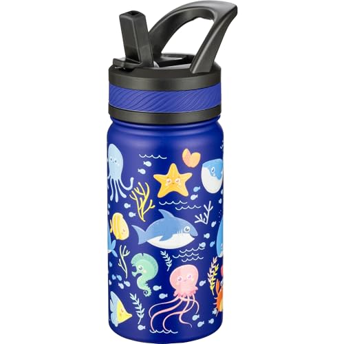 Fanhaw Botella de agua aislada de 14 onzas con pajilla, taza de vacío de doble pared de acero inoxidable, a prueba de fugas, sin BPA, adecuada para niños y niñas (azul - océano)