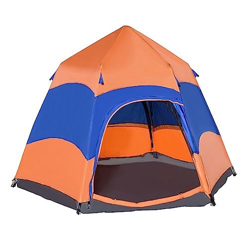 Outsunny Double Layer Dome Tent with Rainfly and Welded Floor, 4 Man Hexagon Pop Up Tent, Portable Camping Shelter with Hang Hook and Carry Bag, for Festival Hiking Family, Orange and Blue