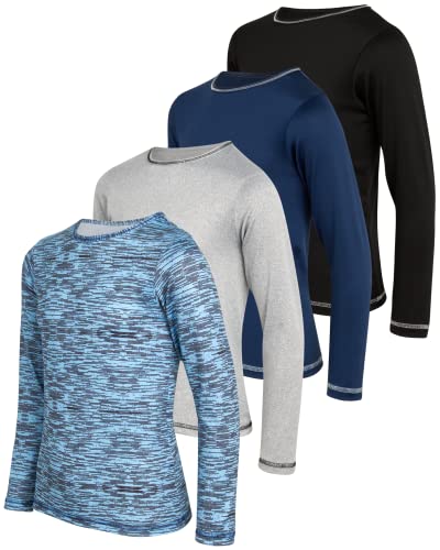 Black Bear Boys’ Athletic Long Sleeve T-Shirt – 4 Pack Performance Dry-Fit Sports Tee (4-18), Size 12-14, Black/Navy/Grey/Blue Space-Dye #TOP27