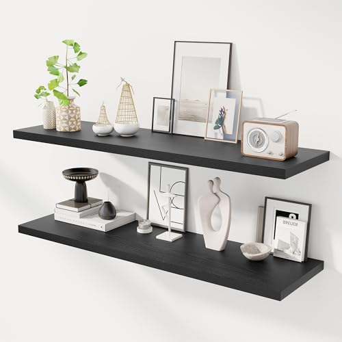 Image of Dreamland 48 inch Floating Shelves for Wall, 12 inch Deep Slim Black Floating Shelves, Wall-Mounted Shelves for Bedroom, Living Room, Kitchen, Bathroom - Set of 2