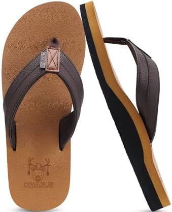 KuaiLu Mens Faux Leather Flip Flops Comfortable Arch Support Khaki Size 11