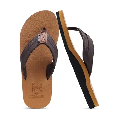 KuaiLu Mens Faux Leather Flip Flops Comfortable Arch Support Khaki Size 11
