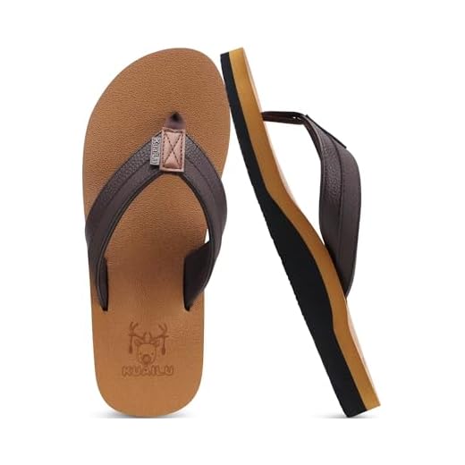 KuaiLu Mens Faux Leather Flip Flops Comfortable Arch Support Khaki Size 11
