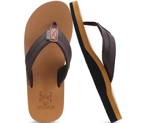 KuaiLu Mens Faux Leather Flip Flops Comfortable Arch Support Khaki Size 9 by KuaiLu - Used condition - US$12.37