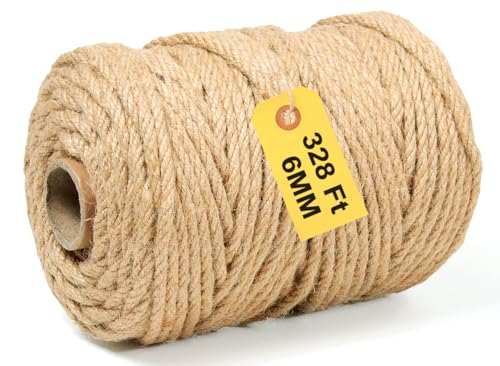 Jute Twine String - 328ft 6mm Eco-Friendly Heavy-Duty Cord for Crafts,Industrial Packaging & Garden | Natural Fiber Rope for DIY Decor,Bundling & Cat Scratchers