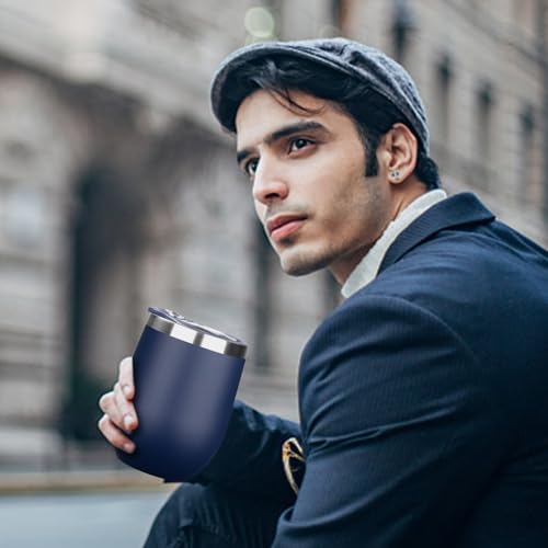 Image of MEZMUT 12 Oz Insulated Wine Tumbler with Lid Double Wall Vacuum Stainless Steel Wine Glass Coffee Mug Insulated Tumbler Cup for Champaign, Cocktail, Beer (Navy, 1 Pack)