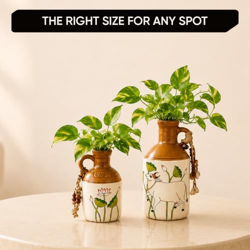 Image of AAKRITI ART CREATIONS Ceramic Planter Bottles Set of 2 | Pichhwai Art, Off-White Glossy Finish | Decorative Vases for Home Decor | Flower Pots & Tabletop Decor for Living Room