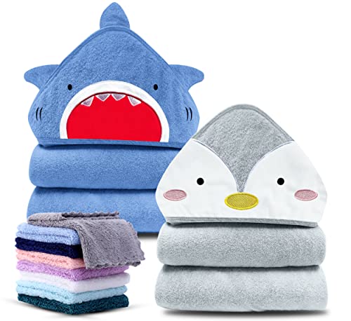 Image of Cute Castle 2 Pack Hooded Baby Towel Rayon Made from Bamboo with 8 Washcloths - Soft Bath Towel for Bathtub for Babie, Newborn, Infant, Natural Baby Stuff Towel (Shark and Penguin)