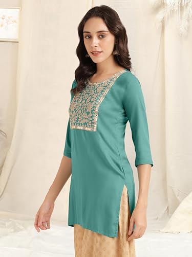 Image of MIRCHI FASHION Women's Straight Fit Rayon Sequins Embroidered and Polka Dots Printed Kurti Only