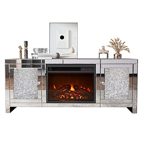 Ikifly Mirrored Fireplace Tv Stand, Mirrored Media Entertainment Center For Tv Up To 55 Inch, Silver Tv Console Table Mirrored Furniture For Living Room #TOP3