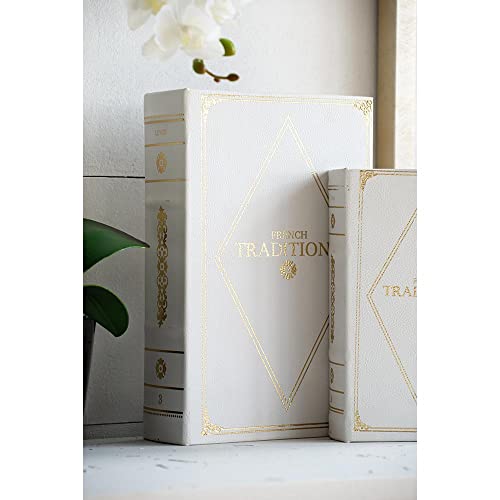 A & B Home 10.6" And 8"L Rectangular White/Gold Pu/Mdf French Tradition Print Book Boxes (Set Of 2), For Organized Storage, Home Accent Décor #TOP6