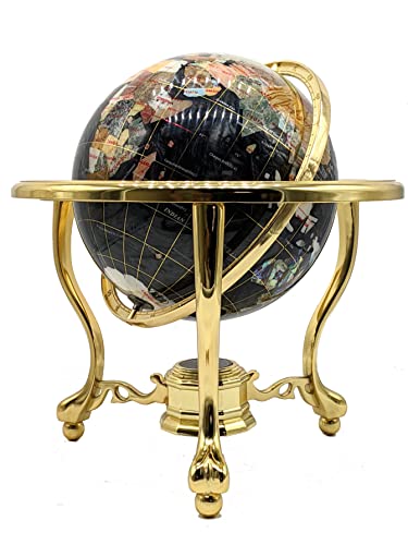 Limited Edition! Unique Art Since 1996 Black Pearl Swirl Table Top Gemstone World Globe with Tripod Gold Zinc Alloy Stand (BLACK PEARL WITH GOLD TRIPOD)