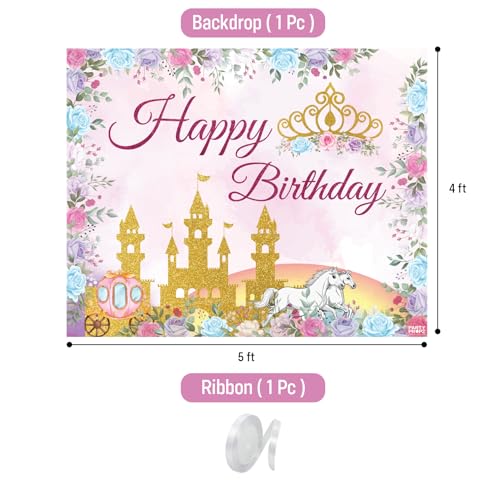 Image of Party Propz Princess Theme Birthday Decoration Items for Girls, 2pcs Backdrop 5x4 ft with Ribbon, Princess Decoration for Birthday Girls, Bday Decorations Kit & Items for Baby Girl (Cloth Banner)