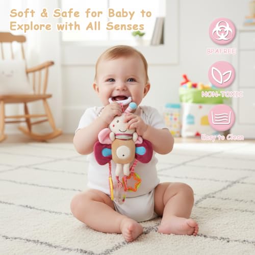 Image of SNOWIE SOFT Baby Toys for 6 to 12 Months Hanging Plush Cartoon Cradle Toys Hanging with Mirror, Rattles and Colorful Pendants, Soft Stroller Car Seat Activity Toy for Infant Sensory Development