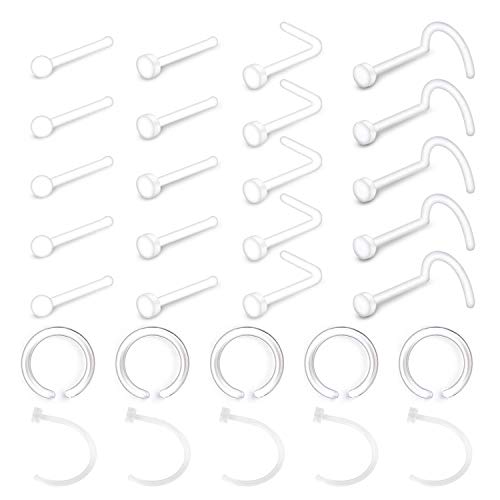 Mayhoop 30Piezas 20G Claro Piercing de Nariz Aros Retenedor Flexible Transparente Acrílico 6 Estilos Mujer Hombre Tornillo Nariz Labret Nariz Anillo Joyas de perforación Cover