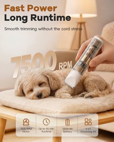 Veeconn 4 in 1 Dog Clippers Grooming Kit with Paw Hair Trimmer for Cat Pet | Low Noise, 7500RPM Powerful, IPX7 Waterproof, Safe & Easy for Beginners, 4 Guide Combs, Cordless Dog Shaver & Nail Grinder - Image 5