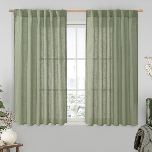 LAMIT Sage Green Linen Curtains 54 Inch Length 2 Panels, Light Filtering Panels Back Tab and Rod Pocket Neutral Drapes for Kitchen/Window/Bedroom, 52 x 54 Inch