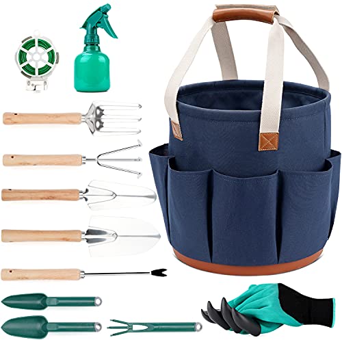INNO STAGE Ensemble d'outils de jardinage et sac fourre-tout de rangement avec 12 outils de jardin, meilleur coffret cadeau de jardin, kit d'outils à main de jardinage de légumes, sac bleu Cover